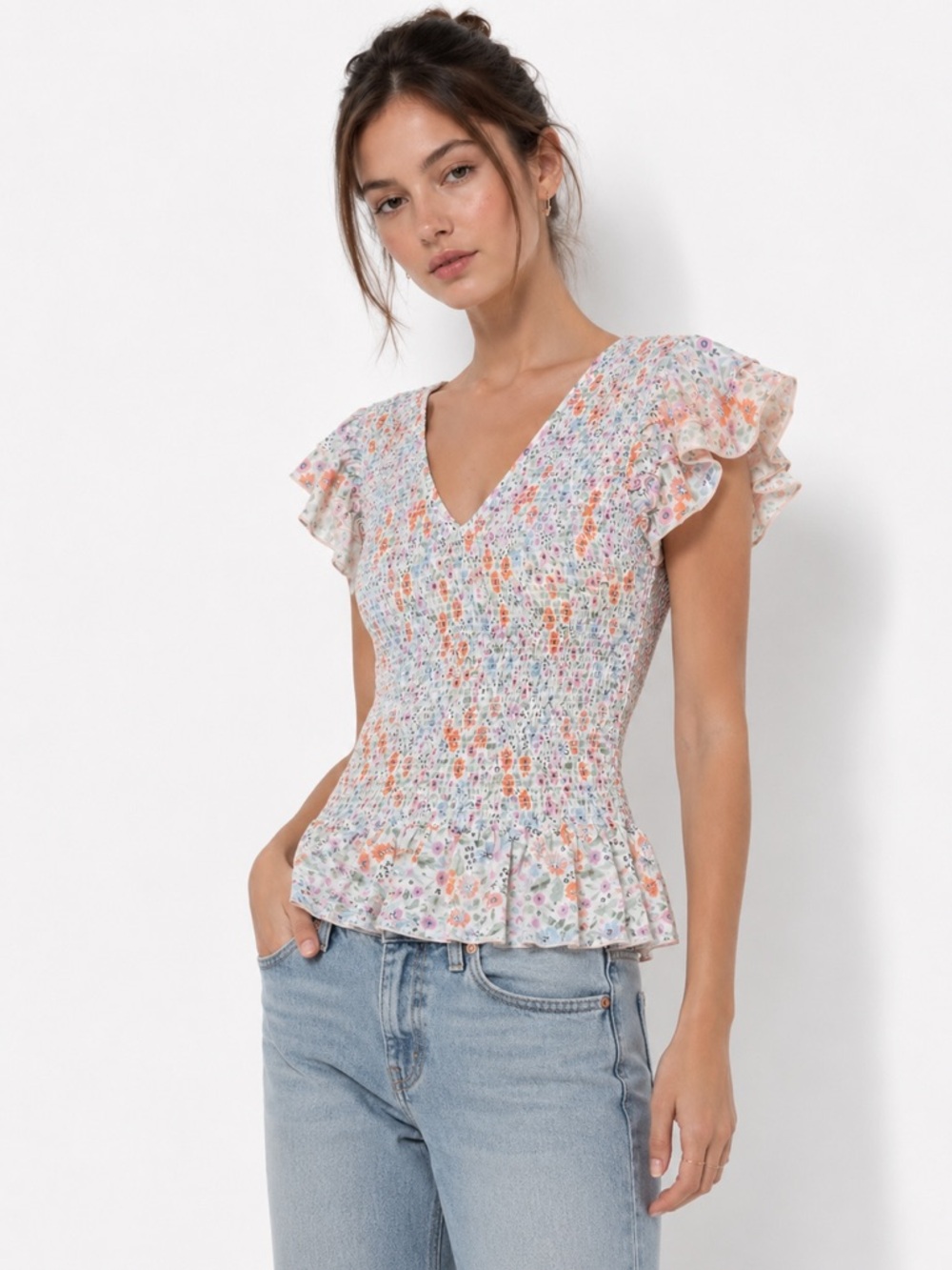 Wildfox Smocked Floral Flutter Sleeve Peplum Top Cottagecore Coquette Fairy S